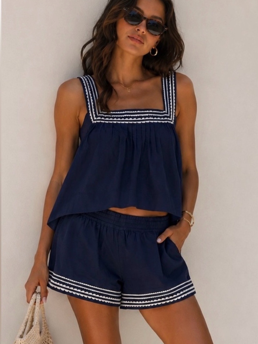Caroline Constas Navy and White Sleeveless Cropped Top & Shorts Set